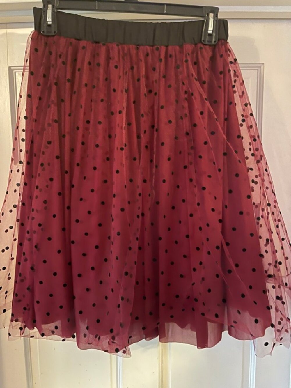 Fairy Goth  A-line skirt, Draper James, burgundy with black polka dots, Size M - Picture 4 of 9